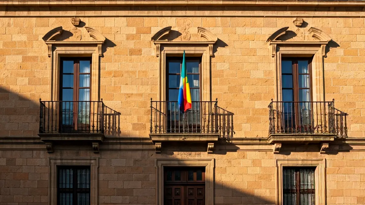 Facade of Burriana town hall with wrought iron balconies and sunlight.