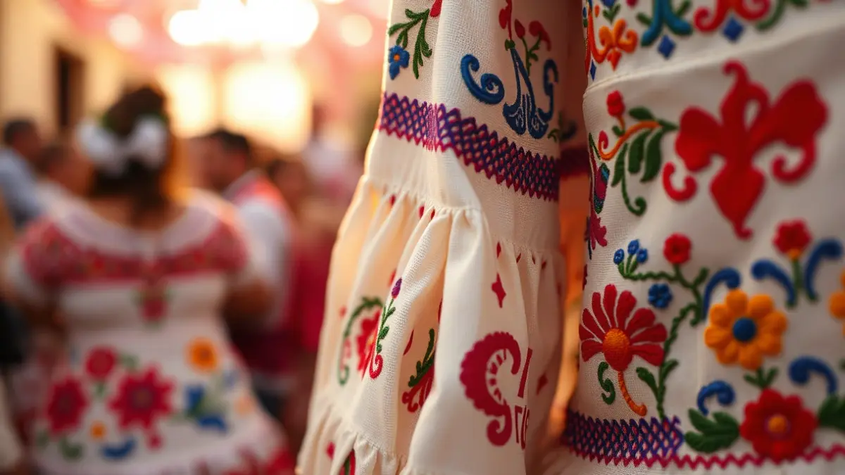 Imagen de un vestido de fallera, con bordados y colores vivos, en un ambiente festivo.
