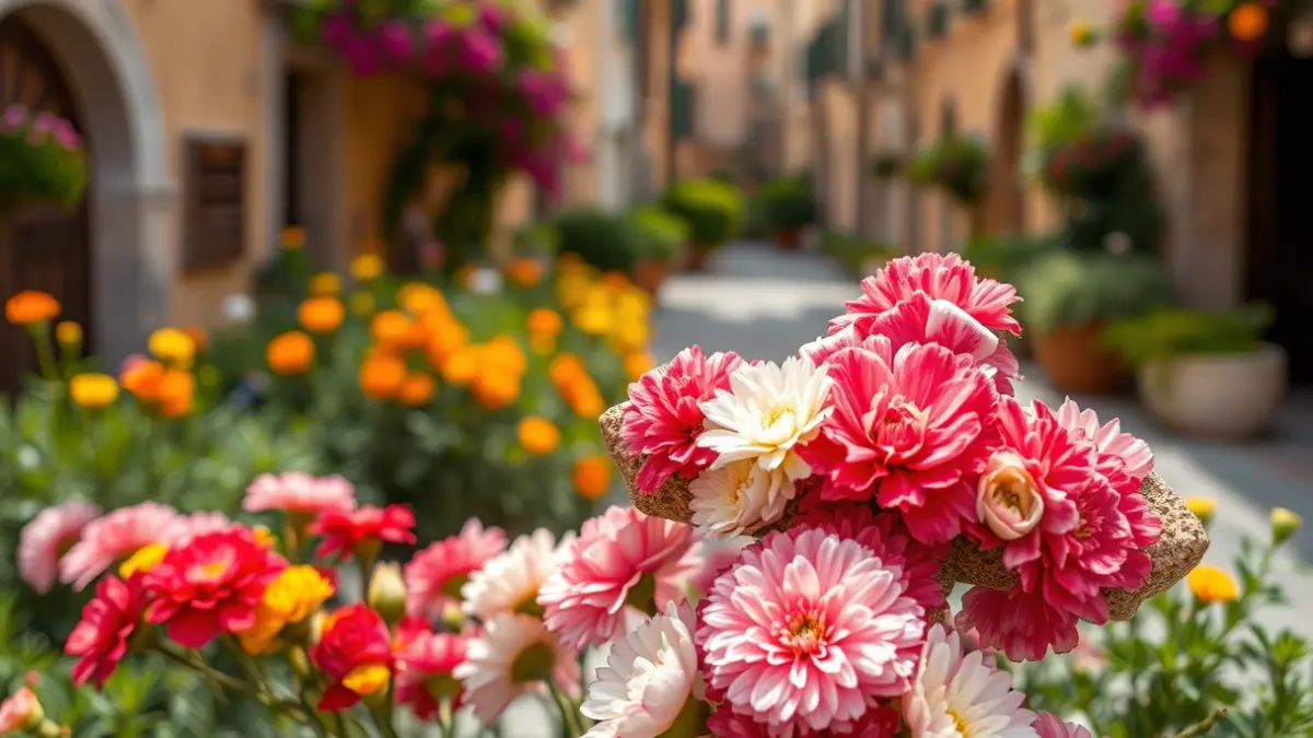 Imagen de una cruz floral elaborada con claveles y otras flores, rodeada de plantas verdes, en una calle mediterránea.
