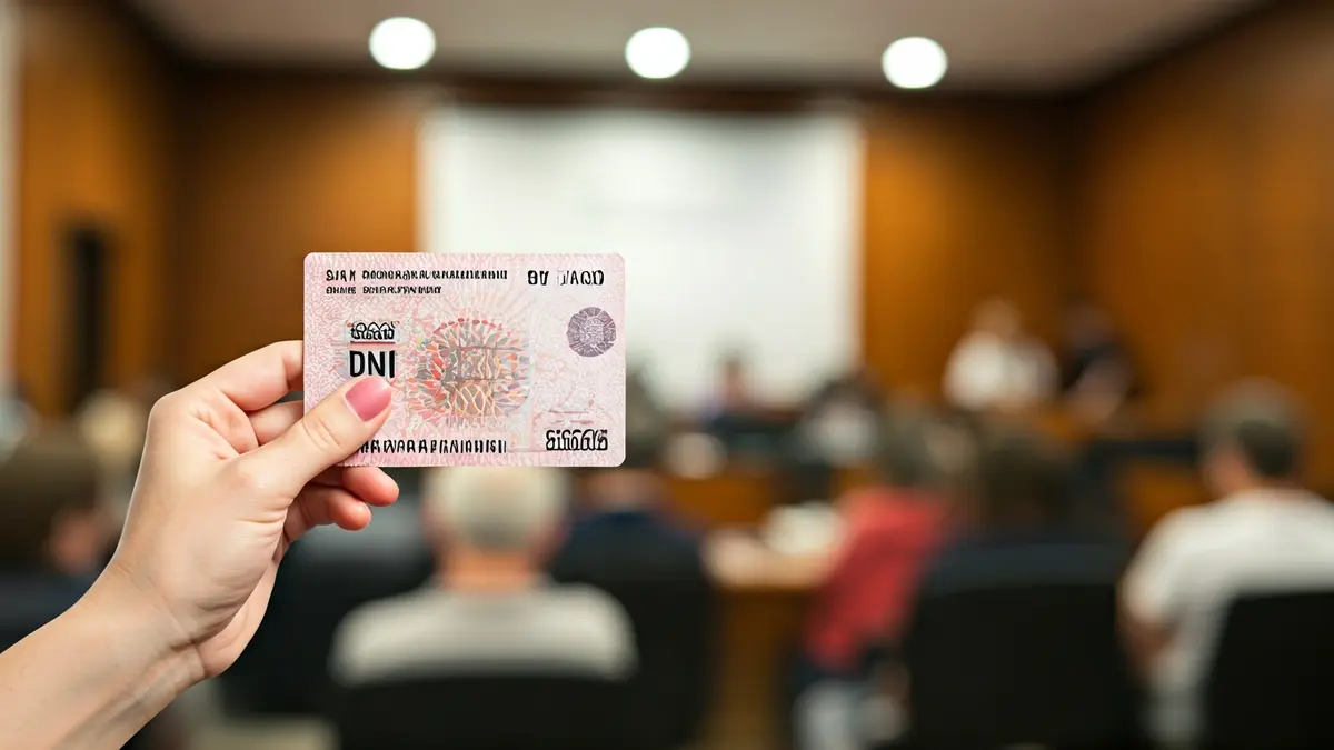 Imatge genèrica d'una mà sostenint un DNI espanyol en una oficina governamental.