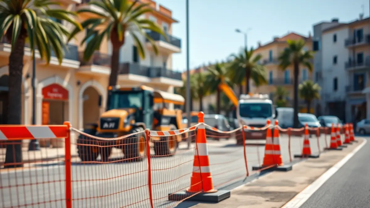 Generic image of construction work on a street in Burriana, with safety barriers and machinery.