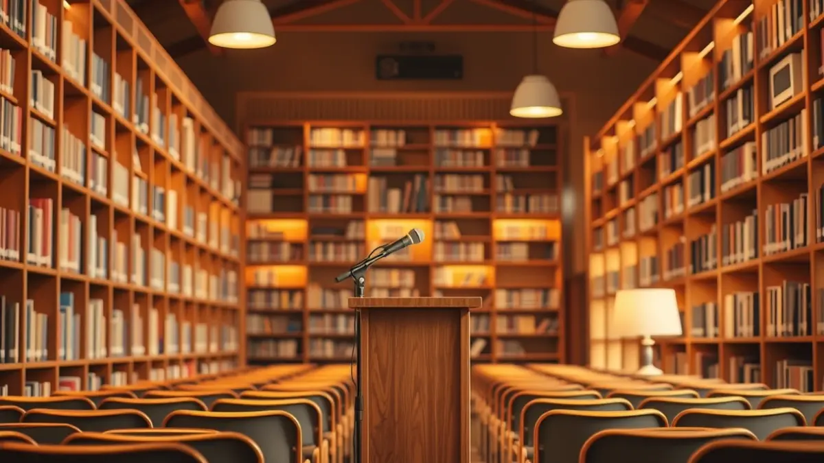 Imagen genérica del interior de una biblioteca con estanterías de madera y una atmósfera acogedora.