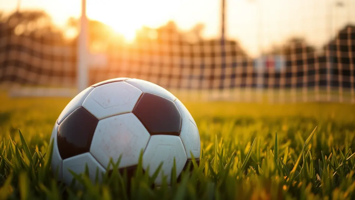 Imagen genérica de un balón de fútbol en el césped, con la portería desenfocada al fondo, simbolizando el apoyo al deporte local.