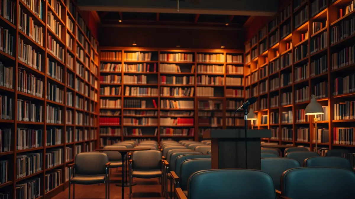 Imatge genèrica d'un interior de biblioteca amb prestatgeries de fusta i un faristol amb micròfon, amb una il·luminació càlida.
