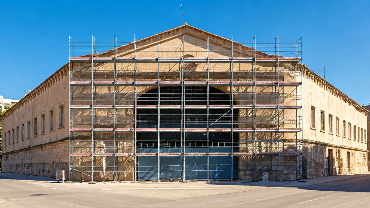 Image of a sports hall facade under renovation, with scaffolding and sunlight.