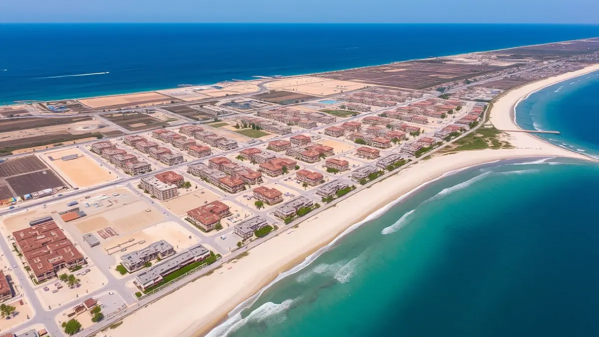 Imatge aèria d'un projecte urbanístic costaner en construcció, amb parcel·les i infraestructures, al costat d'una platja i el mar, amb un cel blau clar.