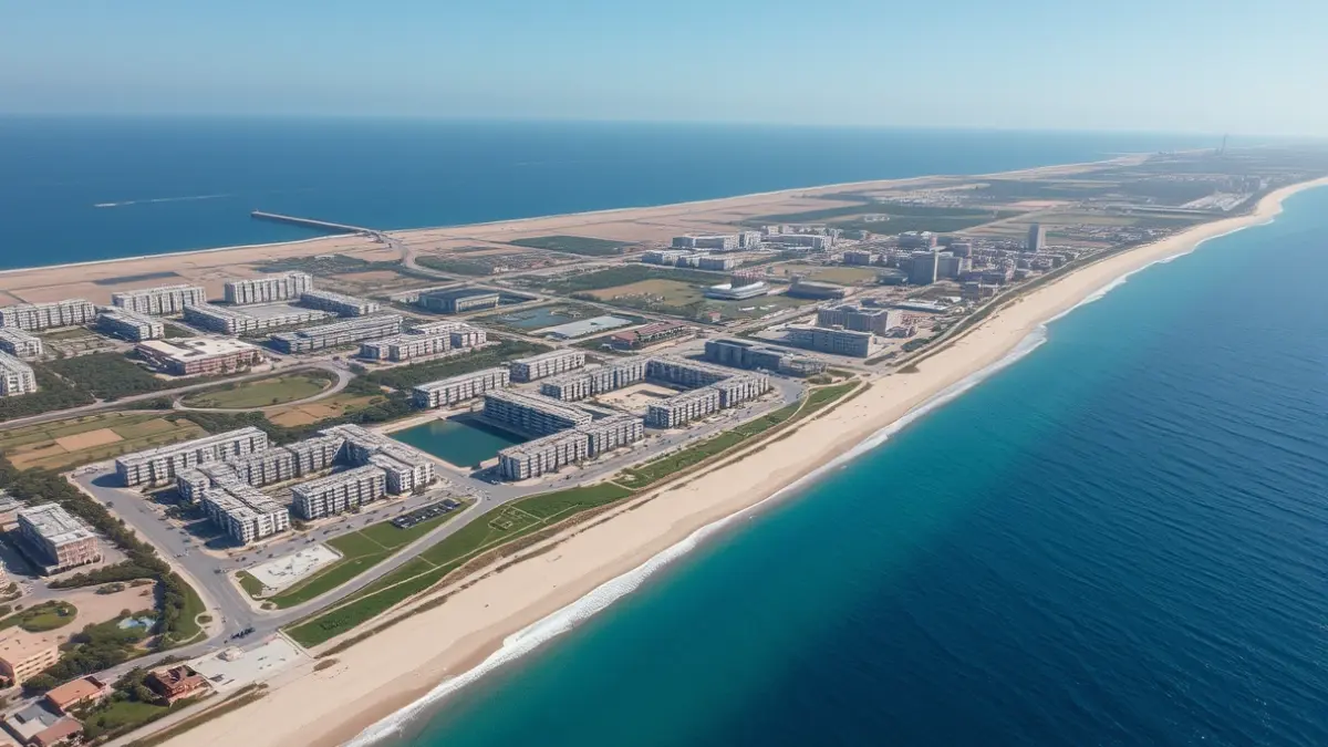 Imagen aérea de un proyecto urbanístico costero en construcción, con edificios residenciales y zonas verdes, junto a una playa y el mar Mediterráneo.