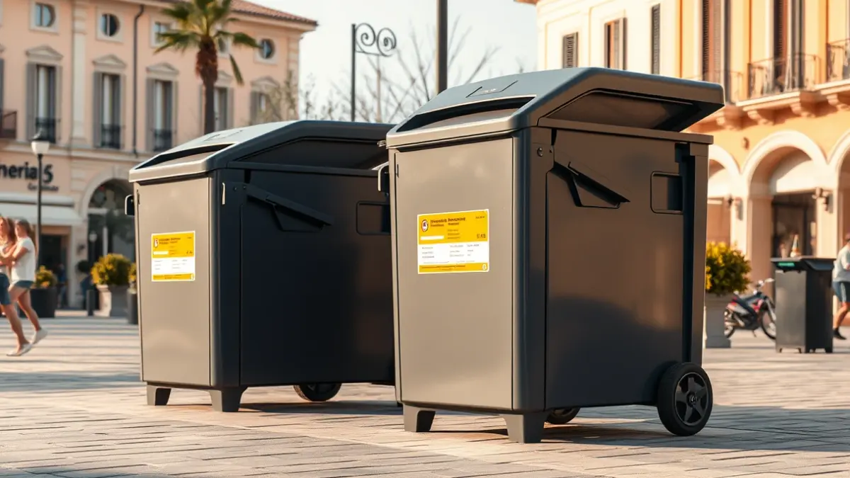 Imagen genérica de contenedores de residuos de carga lateral en una plaza urbana.