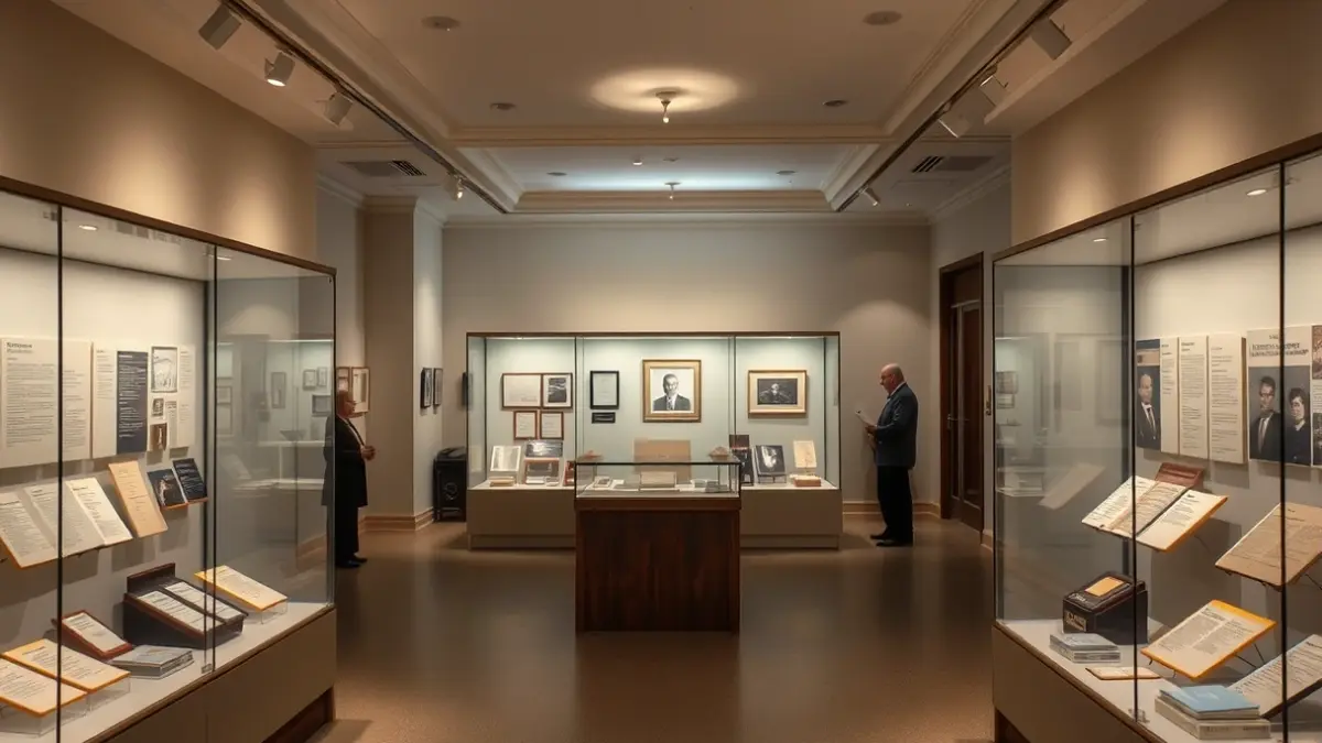 Imatge d'un museu amb objectes històrics i documents en vitrines, amb il·luminació suau.