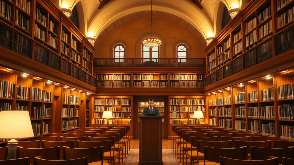 Generic image of a museum or library room with bookshelves and a podium, warmly lit.