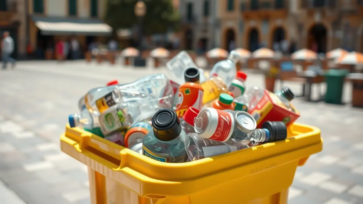 Imatge genèrica d'un contenidor groc de reciclatge ple d'envasos en un entorn urbà.