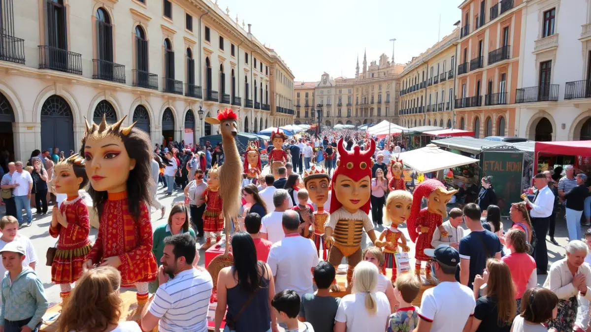 Image of a 'cabuts' and 'bestiari' display in a square, with workshops and books, in a festive atmosphere.