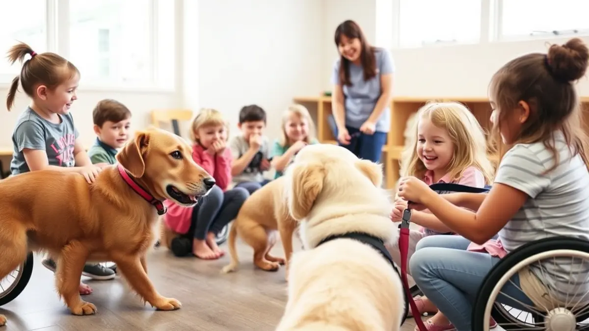 Image of a group of children with disabilities interacting with therapy dogs in a bright indoor setting.