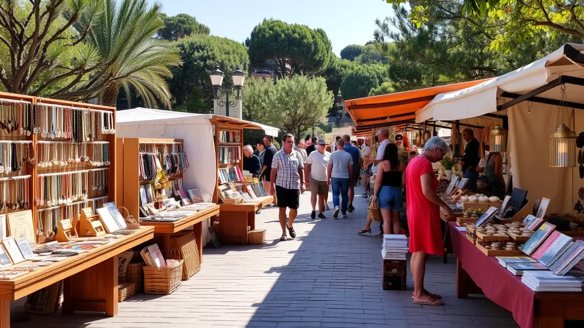 Imagen de una feria de comercio y gastronomía en un parque, con varios puestos de venta y gente paseando.