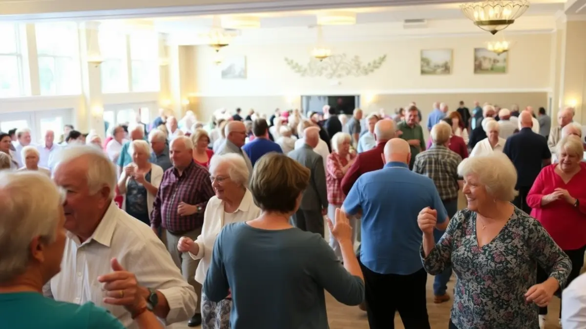 Generic image of a group of older adults participating in activities in a community center, with a festive and warm atmosphere.