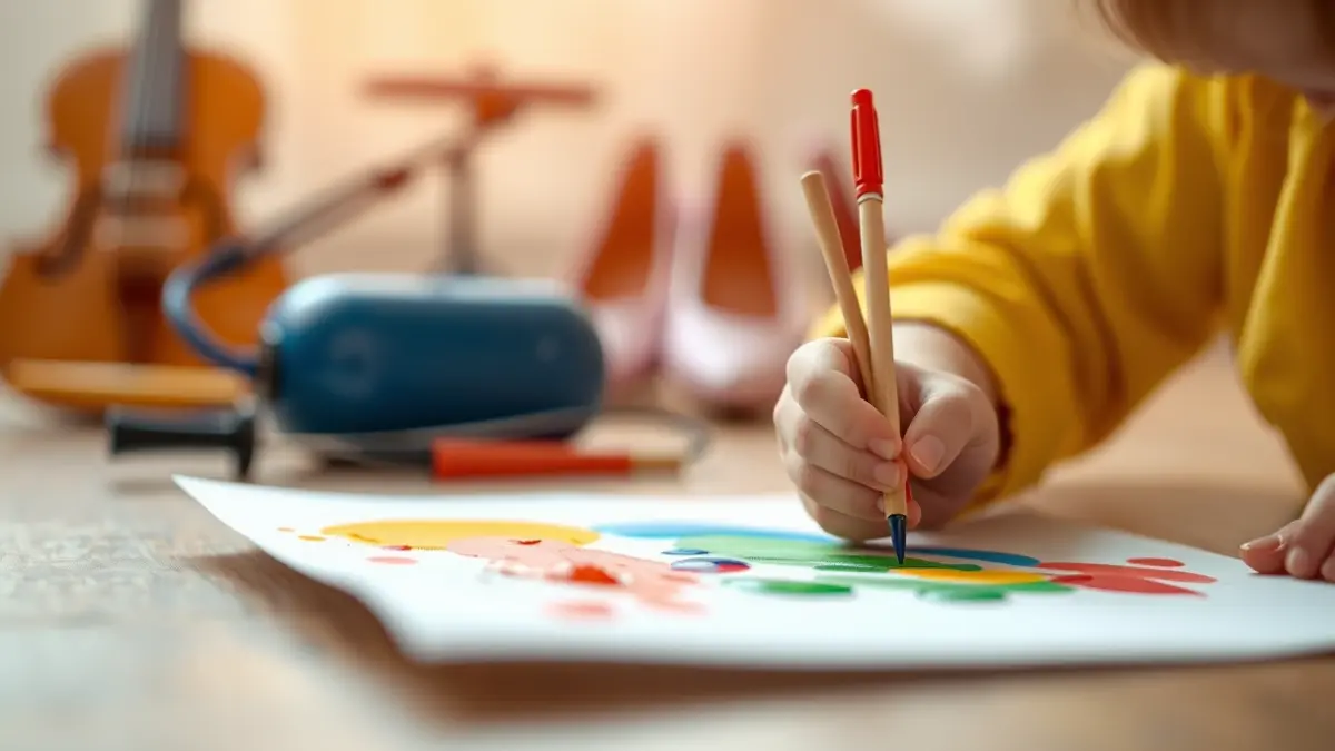 Generic image of children's hands painting with bright colors, with blurred musical instruments and dance shoes in the background.