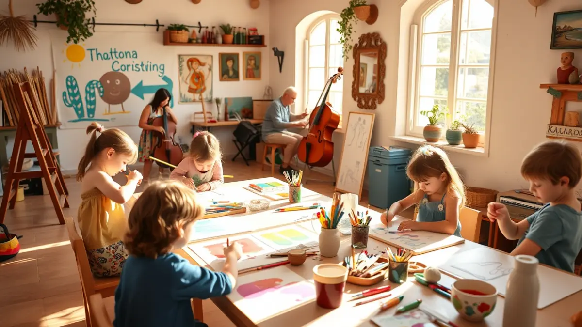 Imagen de un aula de arte con niños realizando actividades creativas e instrumentos musicales.