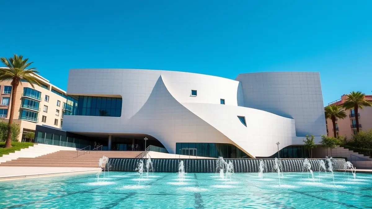 Imatge de la Ciutat de les Arts i les Ciències de València, amb la seua arquitectura moderna i aigua.