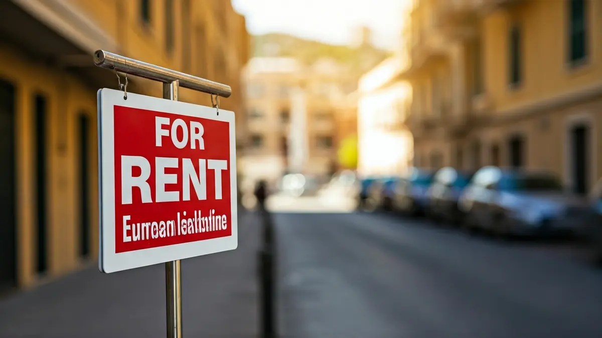 Imagen genérica de un cartel de 'se alquila' con un fondo urbano difuminado, simbolizando la disponibilidad de vivienda.
