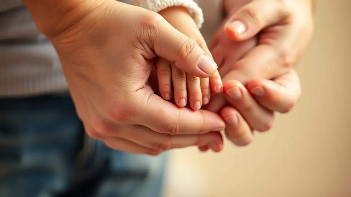 Imagen genérica de manos de adulto y niño tomadas, simbolizando apoyo y bienestar infantil.