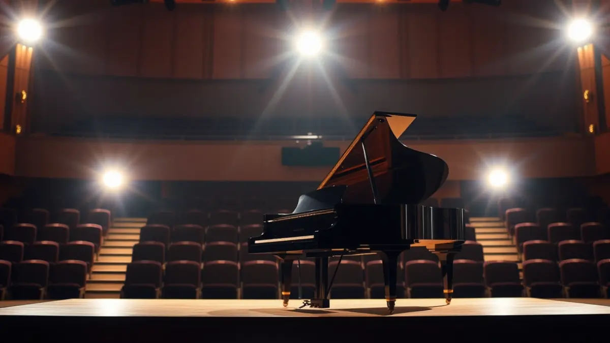 Imagen genérica de un piano de cola en un auditorio, con focos iluminando las teclas.
