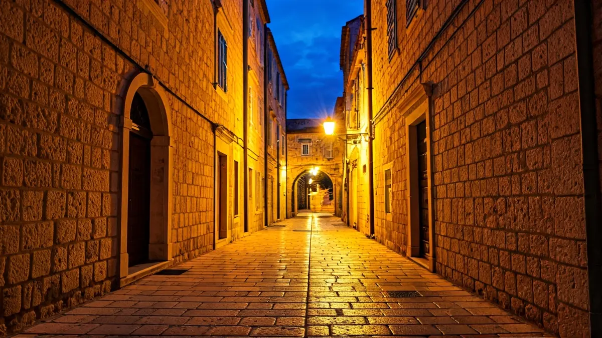 Imagen de una calle antigua en un pueblo mediterráneo, con edificios de piedra y calles estrechas.