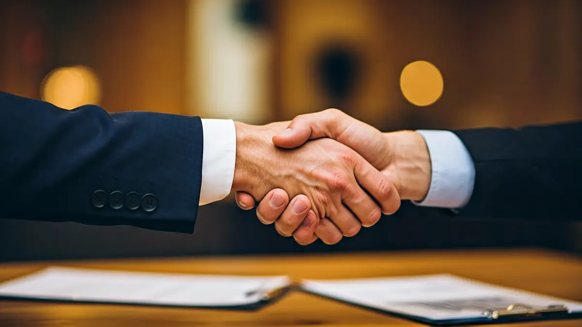 Imatge genèrica de dos mans encaixant-se en un entorn d'oficina, simbolitzant la col·laboració empresarial.
