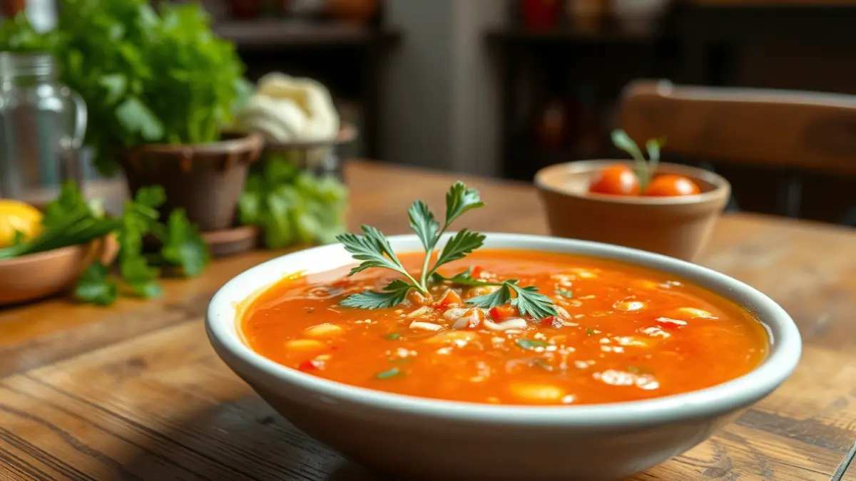 Imatge genèrica d'un plat de gaspatxo, amb verdures fresques i herbes.