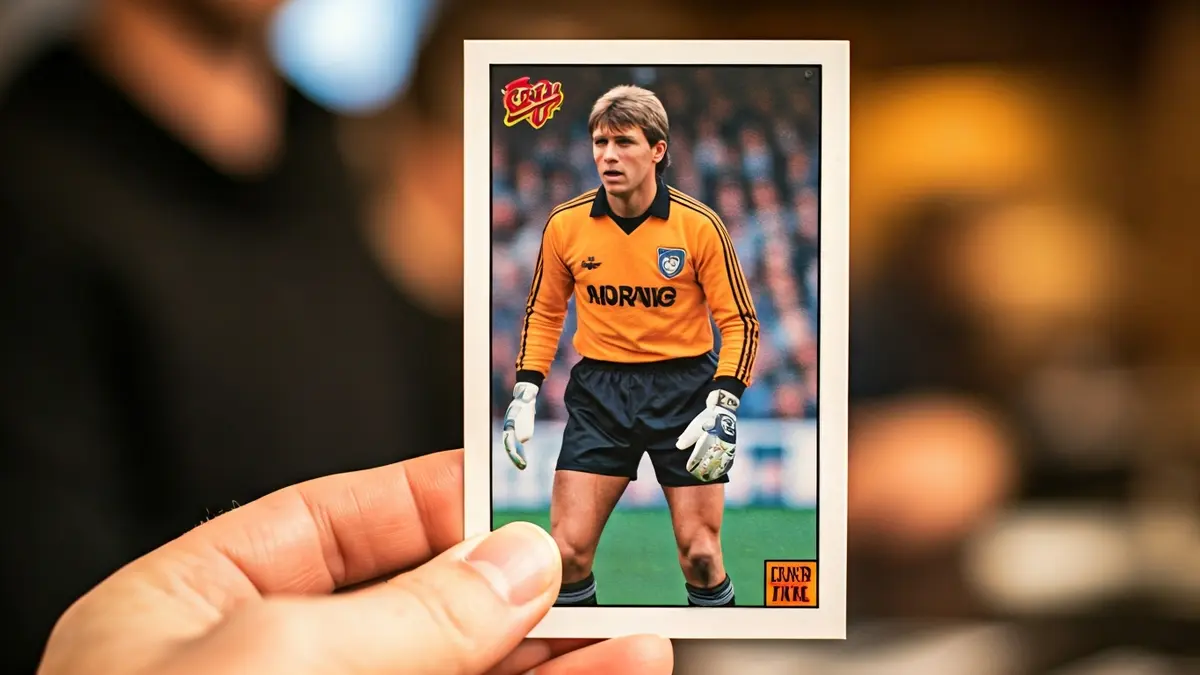 Imatge d'una targeta de cromos de futbol antiga amb un porter, en un esdeveniment de col·leccionistes.