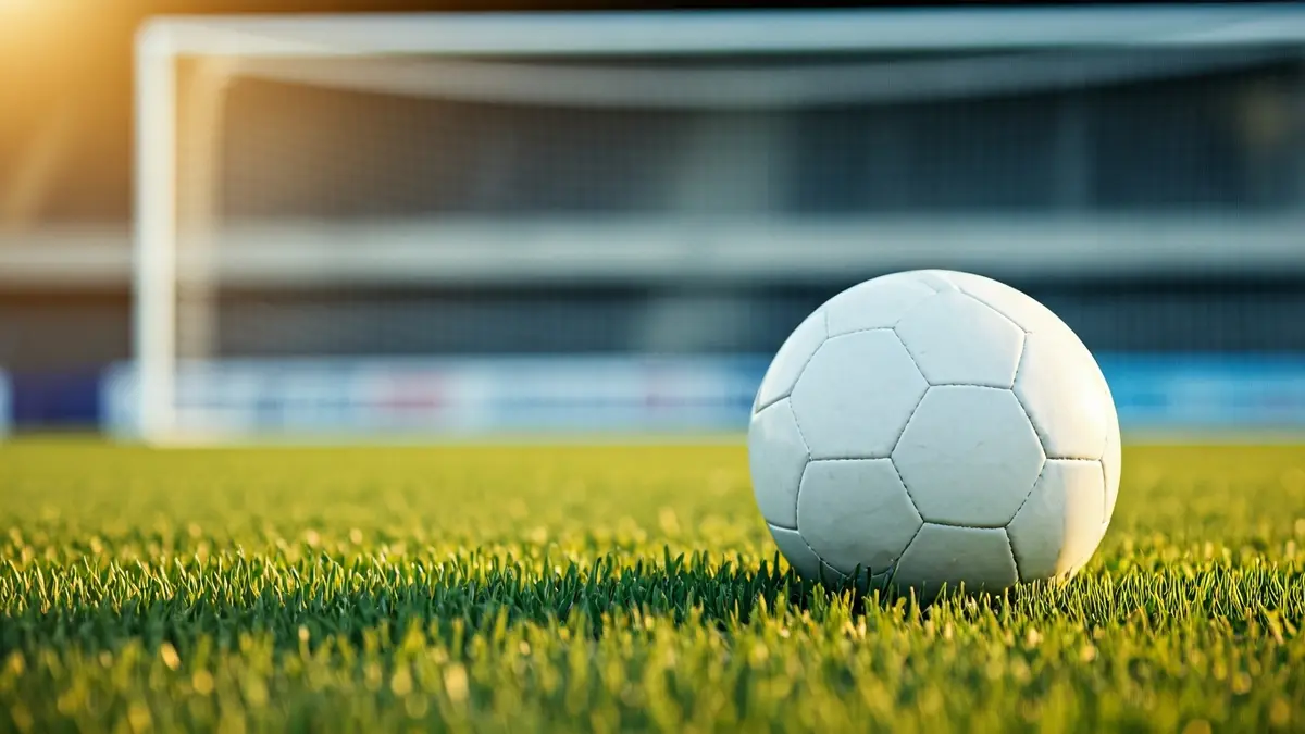 Imatge genèrica d'una pilota de futbol en la gespa d'un estadi, amb la porteria desenfocada al fons.