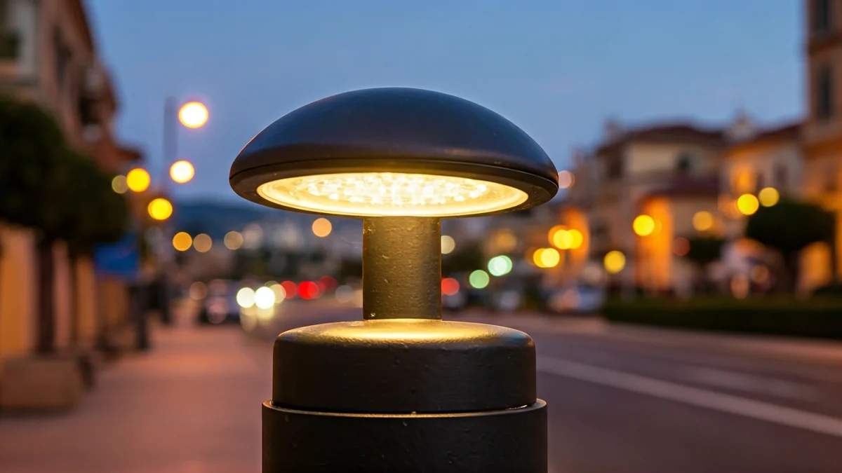 Imagen genérica de una farola moderna iluminando una carretera al atardecer.