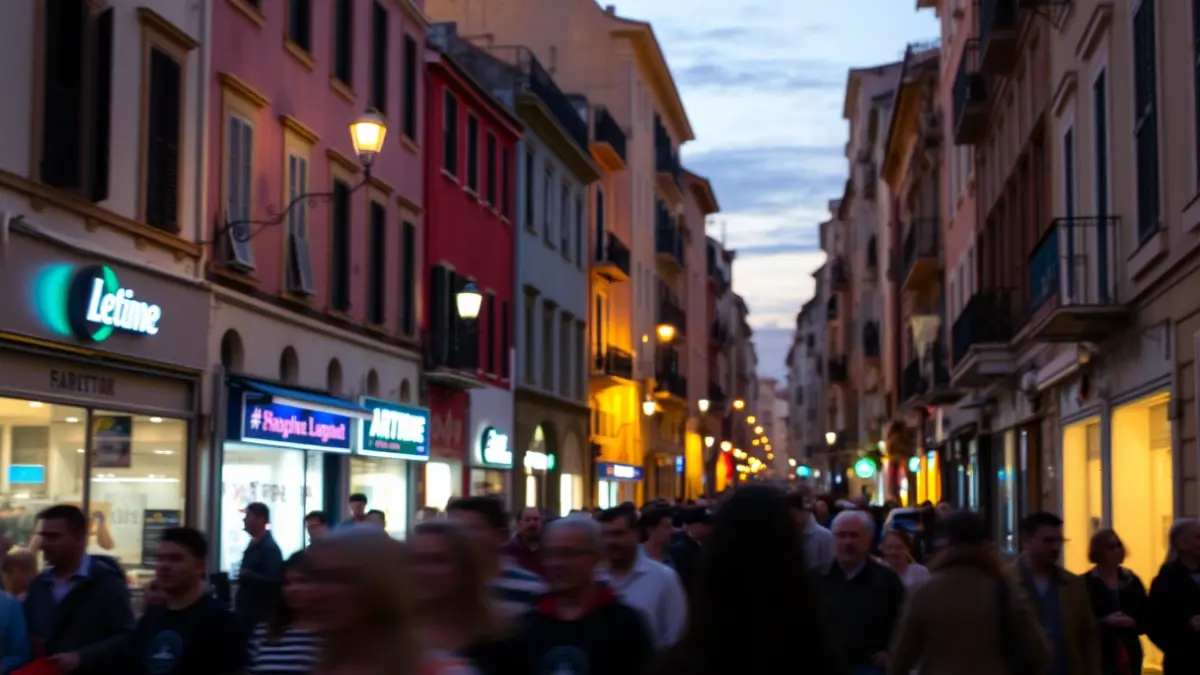 Image of an urban artistic procession at dusk in a Mediterranean city.