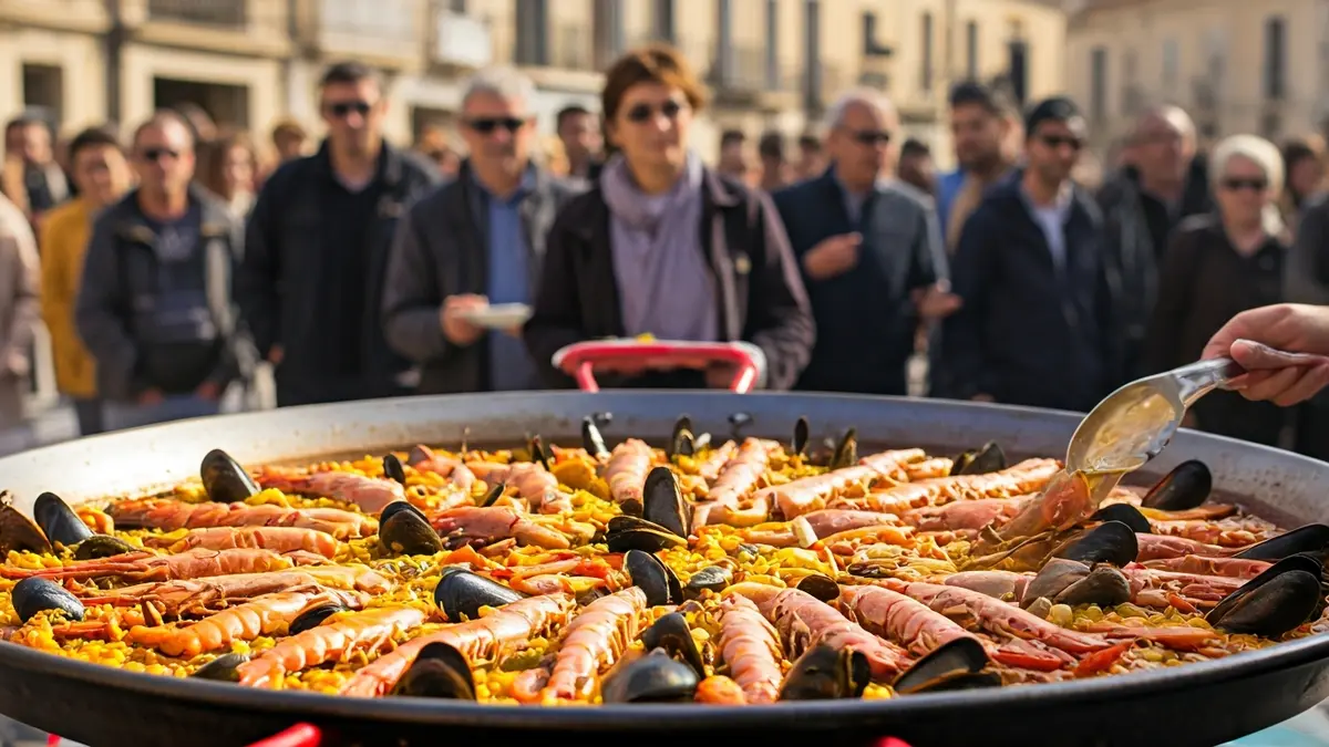 Imatge d'una paella marinera sent servida a un gran grup de persones en un esdeveniment a l'aire lliure.