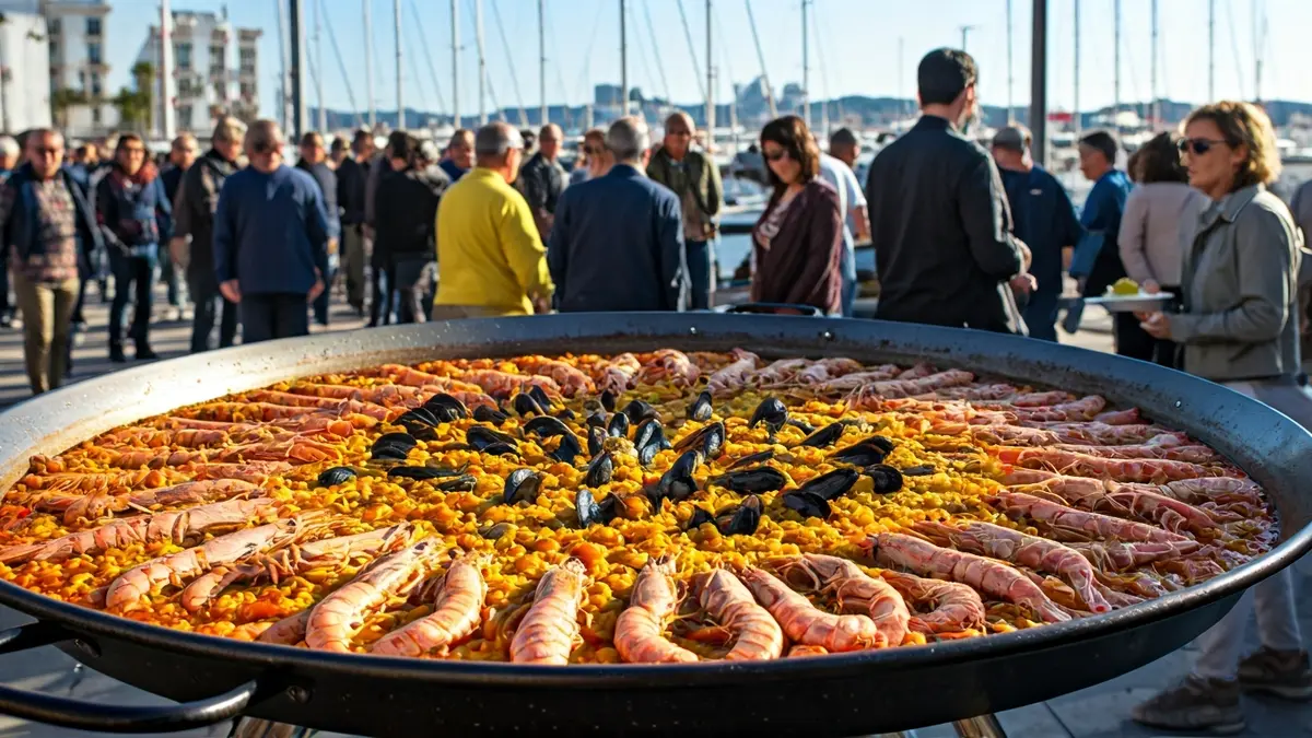 Image of a large seafood paella being served at an outdoor event.