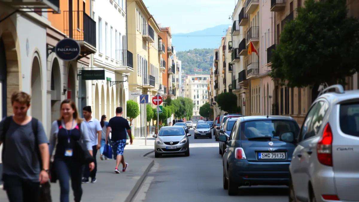 Generic image of a street in a Mediterranean town, with blurred pedestrians on a sidewalk and a clear street, emphasizing accessibility and order.