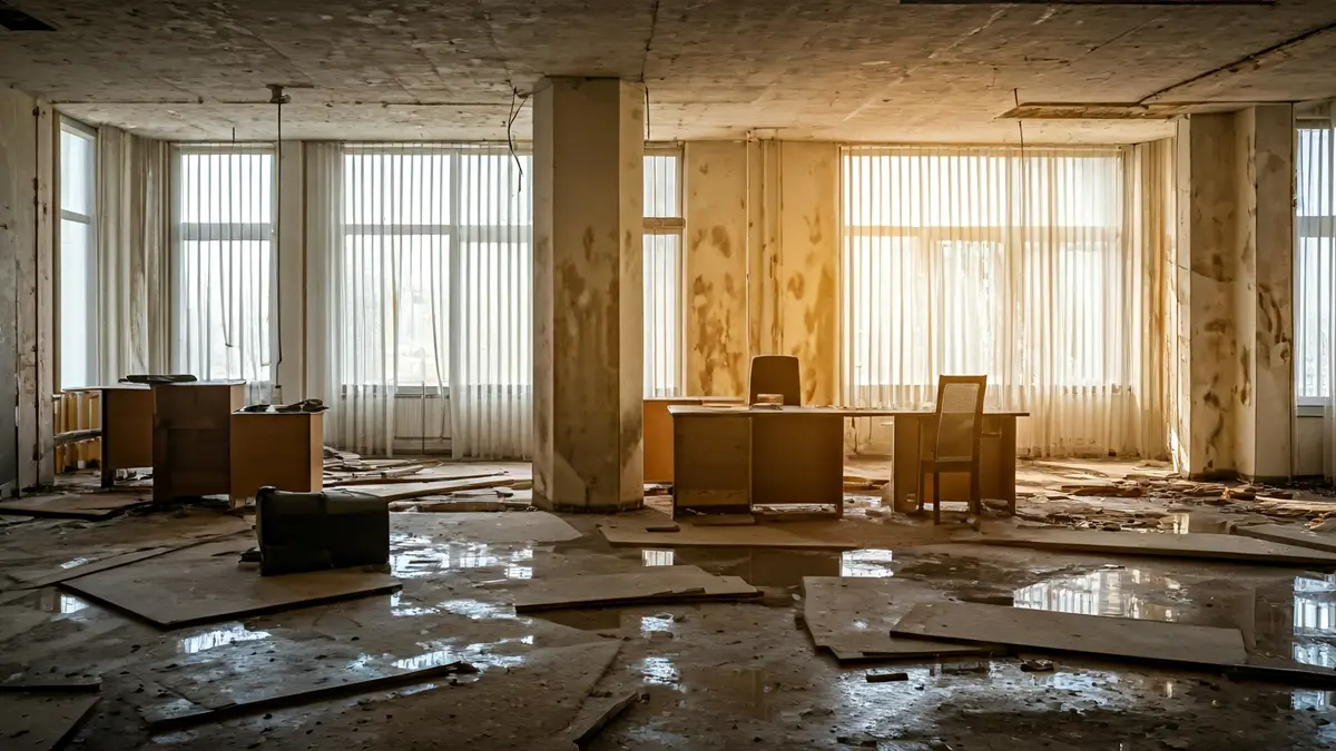 Imagen de un interior de oficina dañado por una inundación, con muebles rotos y paredes con manchas de agua.