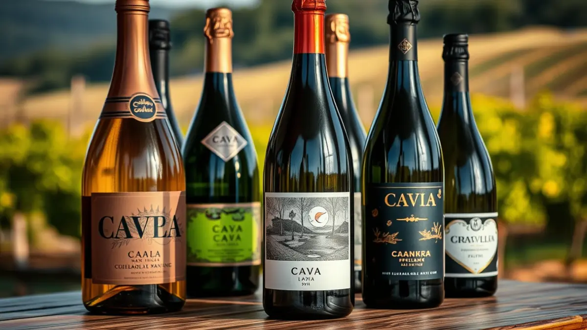 Botellas de cava de la marca Marevia, con etiquetas artísticas, en un ambiente cálido.