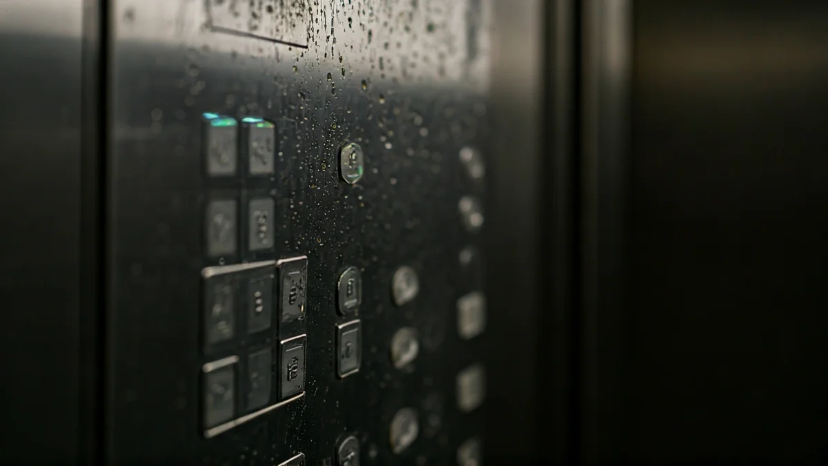 Generic image of an elevator control panel with some illuminated buttons, showing signs of wear or water damage.