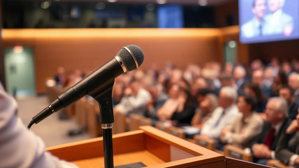Imatge genèrica d'un micròfon en un faristol, representant una conferència o debat públic.