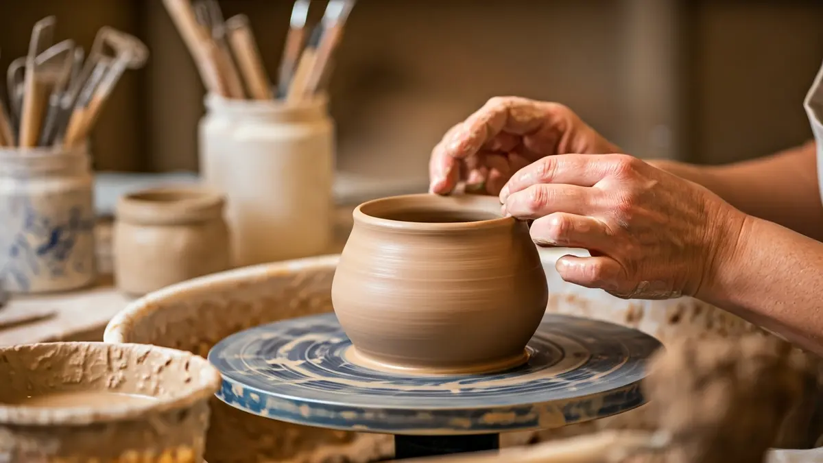 Generic image of a ceramic workshop with a potter's wheel and tools.