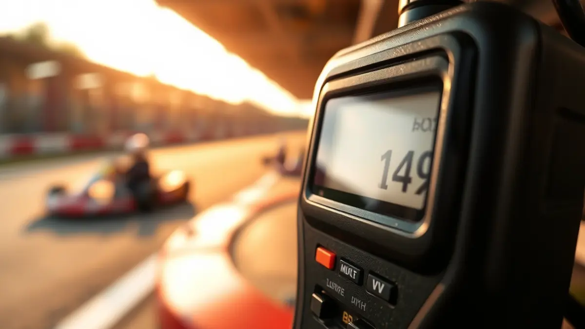 Imatge d'un sonòmetre mostrant nivells de soroll elevats en un circuit de karts.