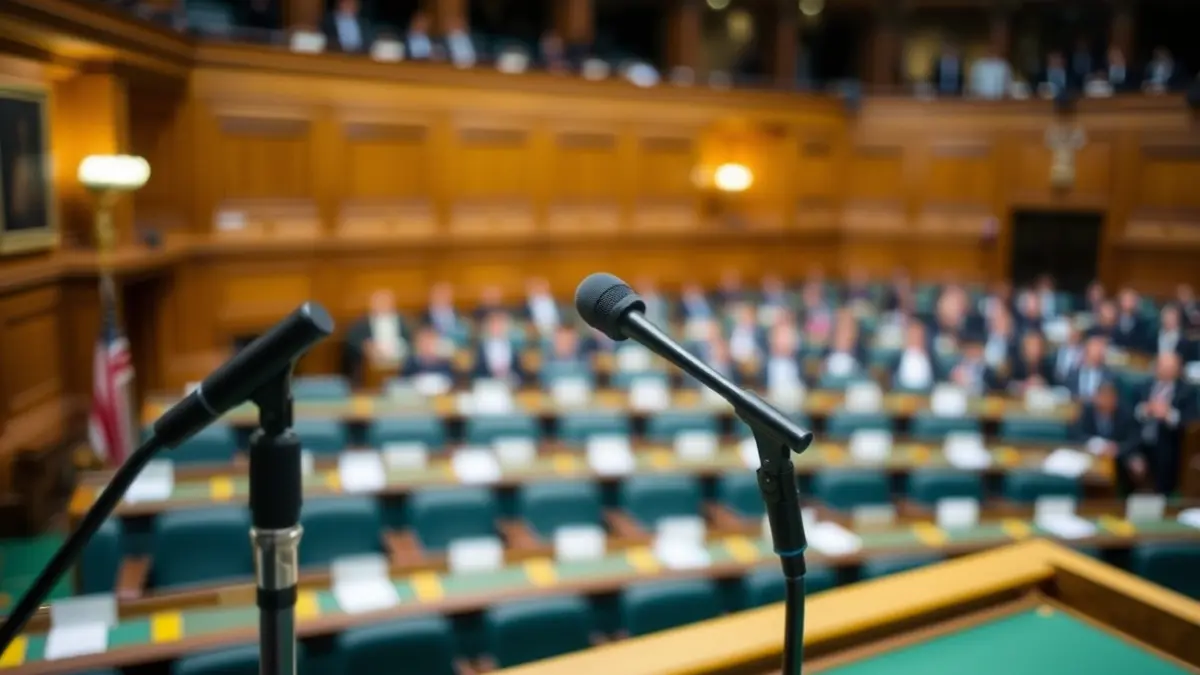 Imatge genèrica d'un micròfon en un faristol en una sala parlamentària.