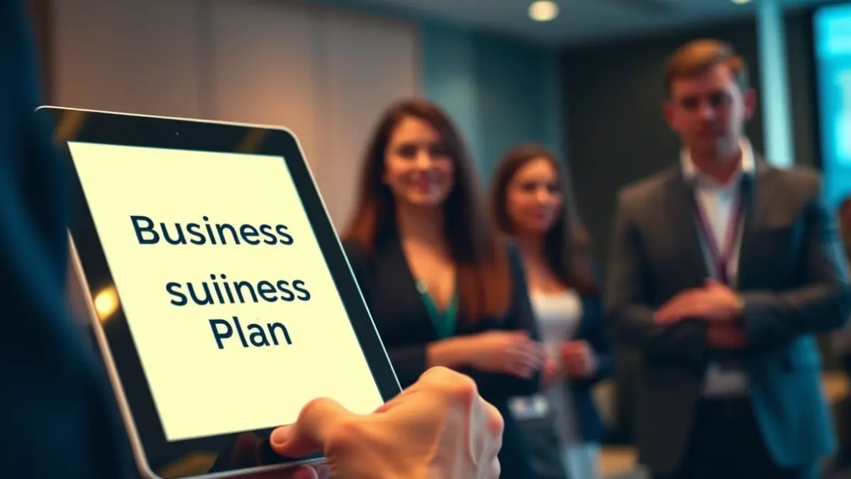 Generic image of a hand holding a tablet with a business plan, with blurred figures of students and mentors at a professional event.