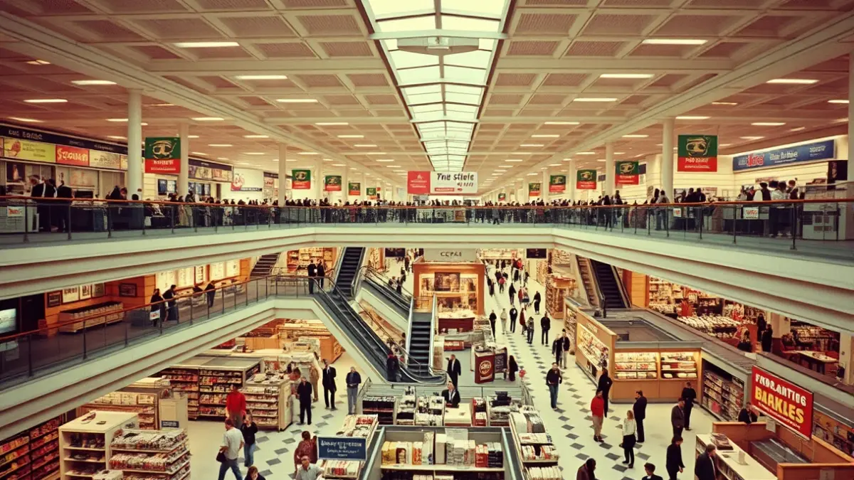 Image of a 1970s department store, with escalators and customers shopping.