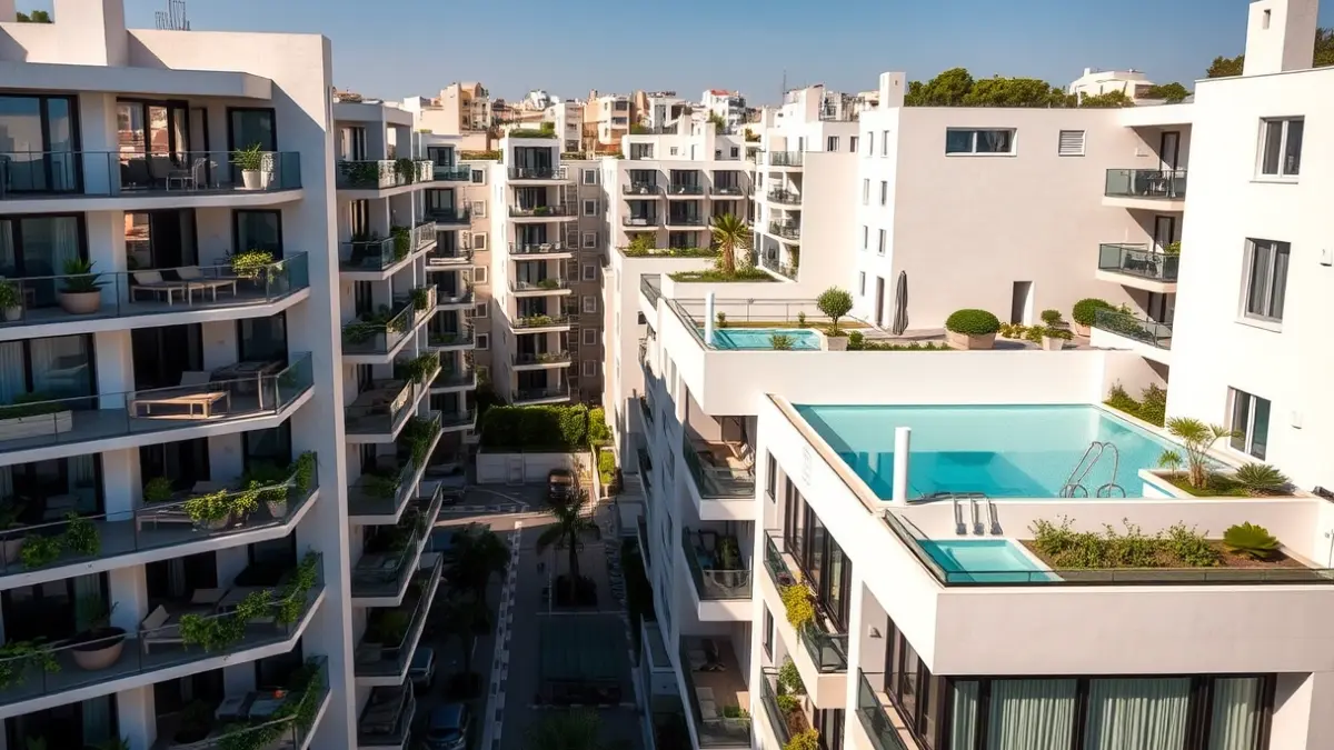 Imagen genérica de edificios residenciales modernos en una ciudad mediterránea, con balcones y piscinas en la azotea.