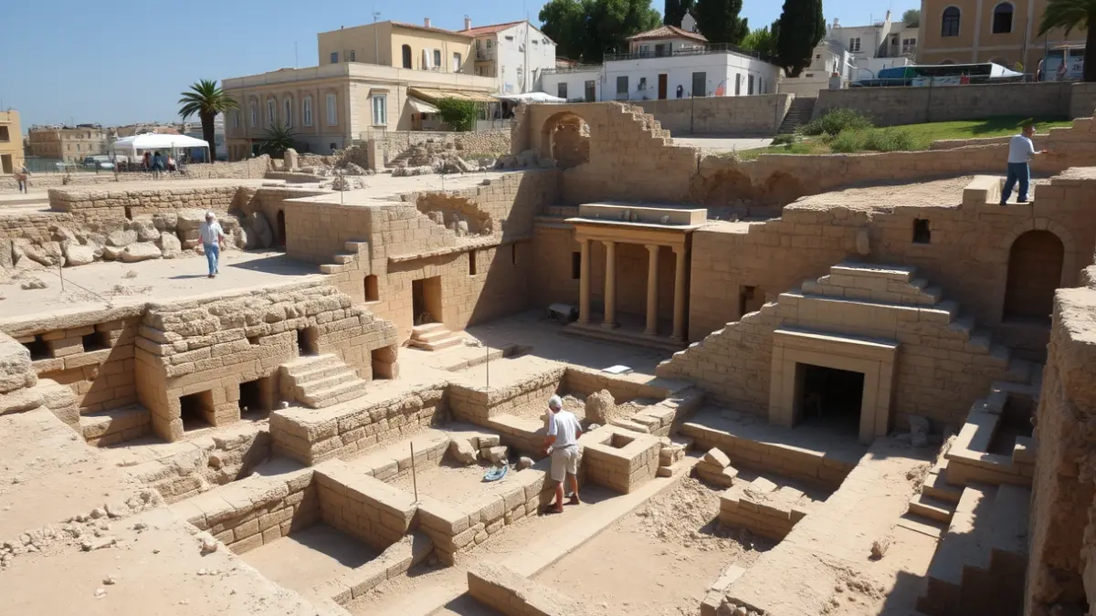 Image of an archaeological excavation with ancient wall remains.