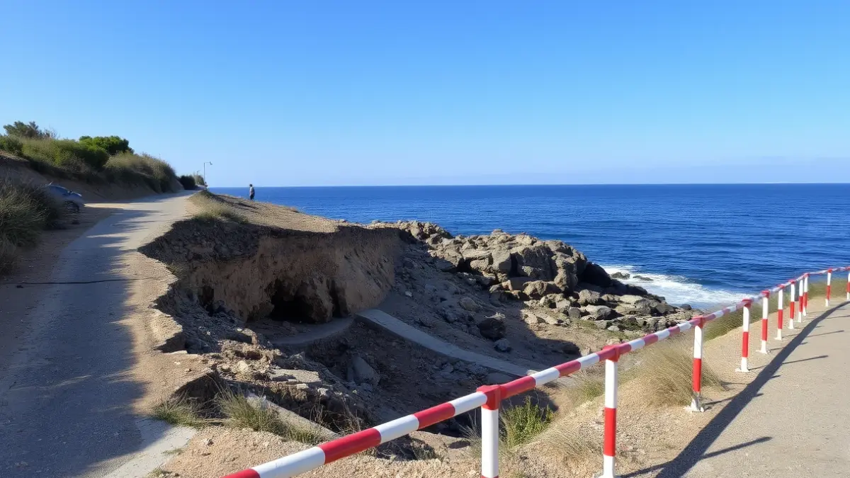 Imagen de un tramo del Sendero Azul de Cabo Roig con daños por desprendimientos de tierra y vallas de seguridad.