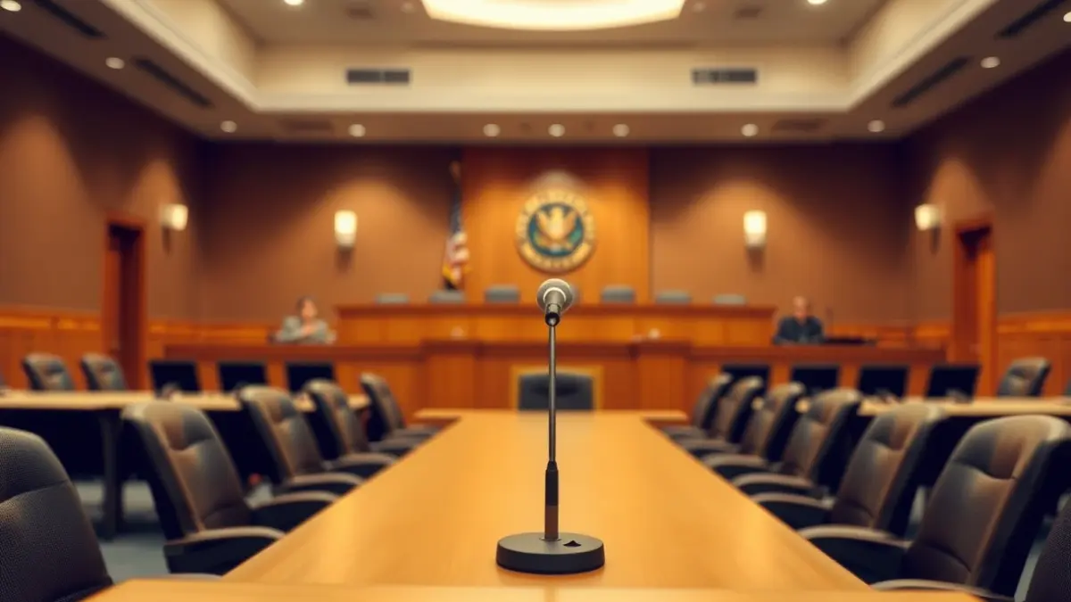Generic image of an empty municipal commission meeting room, with chairs around a large table and a microphone on the podium.