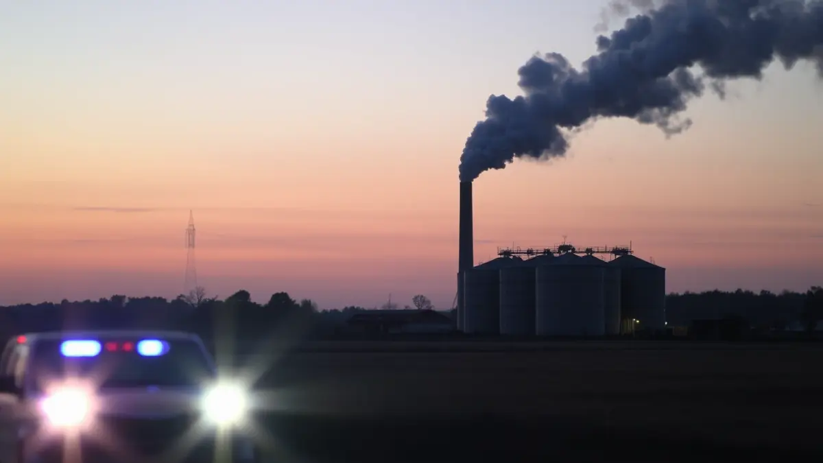 Image of an industrial silo with smoke rising, with blurred emergency lights in the foreground.