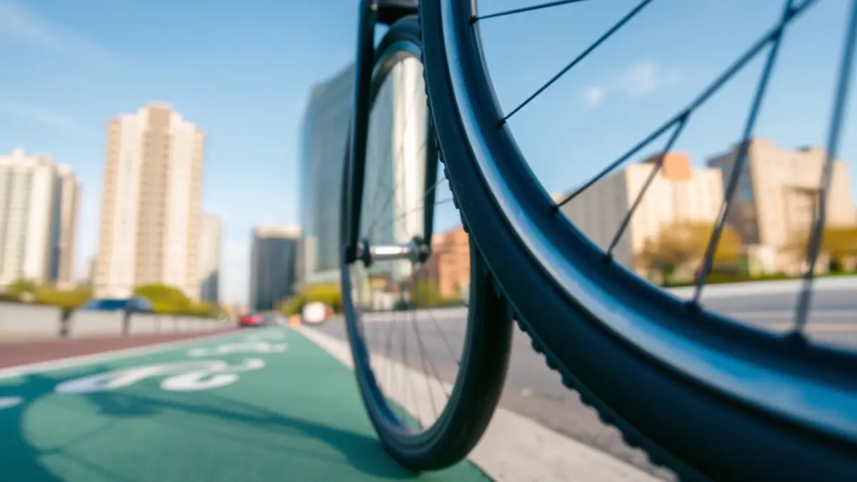 Imatge genèrica d'una roda de bicicleta en un carril bici, amb edificis urbans desenfocats al fons.